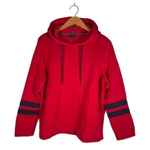 Nautica Womens Size L Red Hoodie W/Striped Cropped Pullover Sweatshirt Top